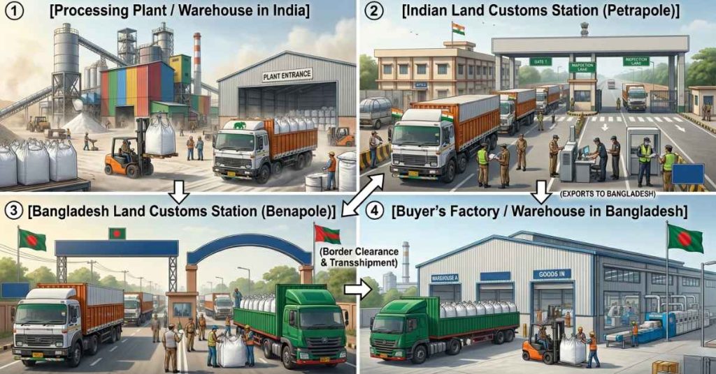 [Processing Plant / Warehouse in India] 
[Indian Land Customs Station (Petrapole)] 
Border Clearance & Transshipment)

[Bangladesh Land Customs Station (Benapole)] 

[Buyer's Factory / Warehouse in Bangladesh]