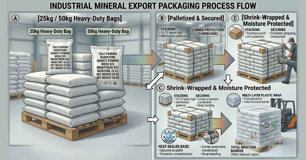 [25kg / 50kg Heavy-Duty Bags] ➔ [Palletized & Secured] ➔ [Shrink-Wrapped & Moisture Protected]