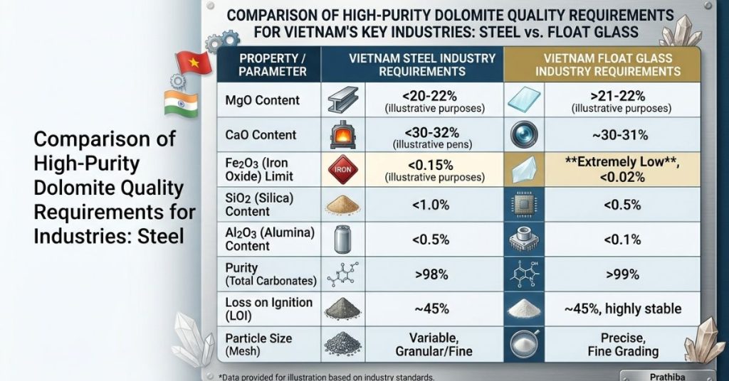 Comparison table of high-purity dolomite quality requirements for Vietnam steel industry versus the float glass industry