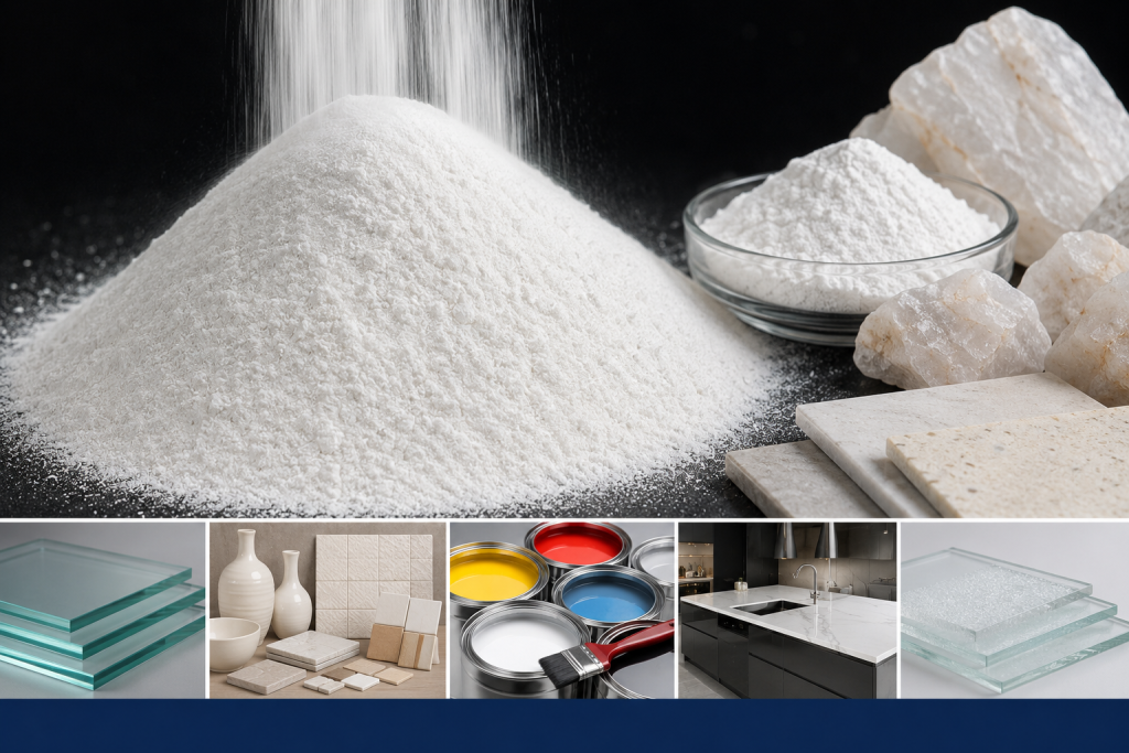 Quartz Powder
• Applications: Glass, ceramics, paint, engineered stone, and silica-based products.
• Industries served: Glass plants, ceramic units, and engineered-stone manufacturers.
• Quality considerations: Silica purity and controlled iron content are essential for clear glass and bright finishes.
• Buyer requirements: Specify SiO₂ purity, iron limits, and micron size.